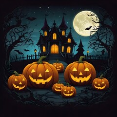 halloween pumpkins, ghost birds, ghost tree, funny faces pumpkins, Autumn holidays. Ai generated image, t shirt design, 