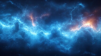 Blue lightning and energy nebula background. Beautiful blue lightning storm in space with lots of electric disand electric sparks. 
