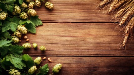 Naklejka premium Beer Hops and Wheat on Rustic Wooden Background with Leaves and Grain