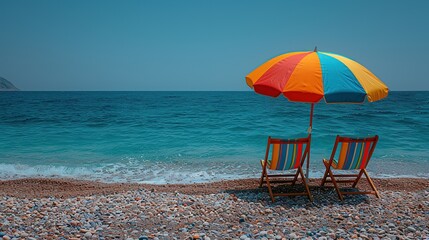Two empty seats under a multicolored rainbow umbrella stand on a sandy beach against the background of beautiful blue sea 