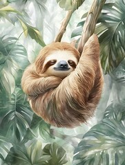 Fototapeta premium Sleepy Sloth Hanging Gently from Branch in Serene Pastel Toned Watercolor Atmosphere