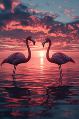 Fototapeta premium 3D image of a flamingo walking in the water at sunset. Beautiful sky with light reflecting on the sea surface