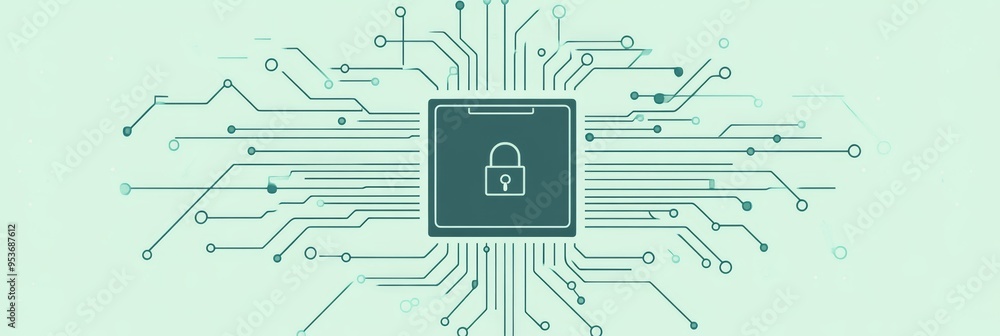 Poster abstract digital circuit with central lock icon. illustrates cyber security and network protection.