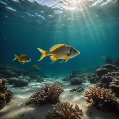 Naklejka premium Fish swim gracefully near coral reefs in a pristine underwater scene illuminated by sunlight filtering through the ocean surface. The vibrant marine life thrives in clear blue waters. Generative AI