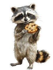Obraz premium Delightful Raccoon Holding a Freshly Baked Cookie Against a Minimalist White Background