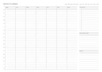 A weekly plan design template in a modern, simple, and minimalist style. Note, scheduler, diary, calendar, planner document template illustration.