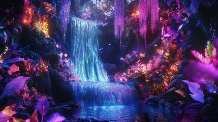 Fototapeta premium A stunning, colorful fantasy world showcasing vibrant forests and radiant, glowing waterfalls.