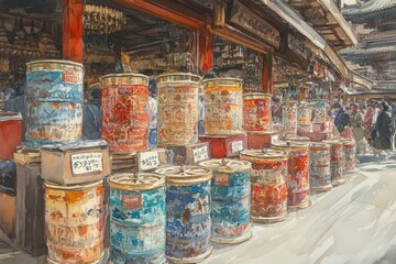 Fototapeta premium Tibetan Prayer Wheel Market Stall Buddhism Religion Spiritual Symbol