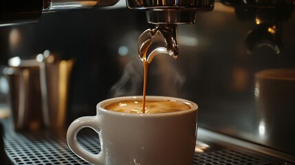 Close-Up of Coffee Pouring into a White Ceramic Mug, Rich Aroma, Brown and Golden Tones, Morning Light, Copy Space for Coffee Shop Branding