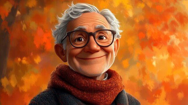 An elderly man radiates joy amidst colorful fall leaves, exuding warmth and kindness