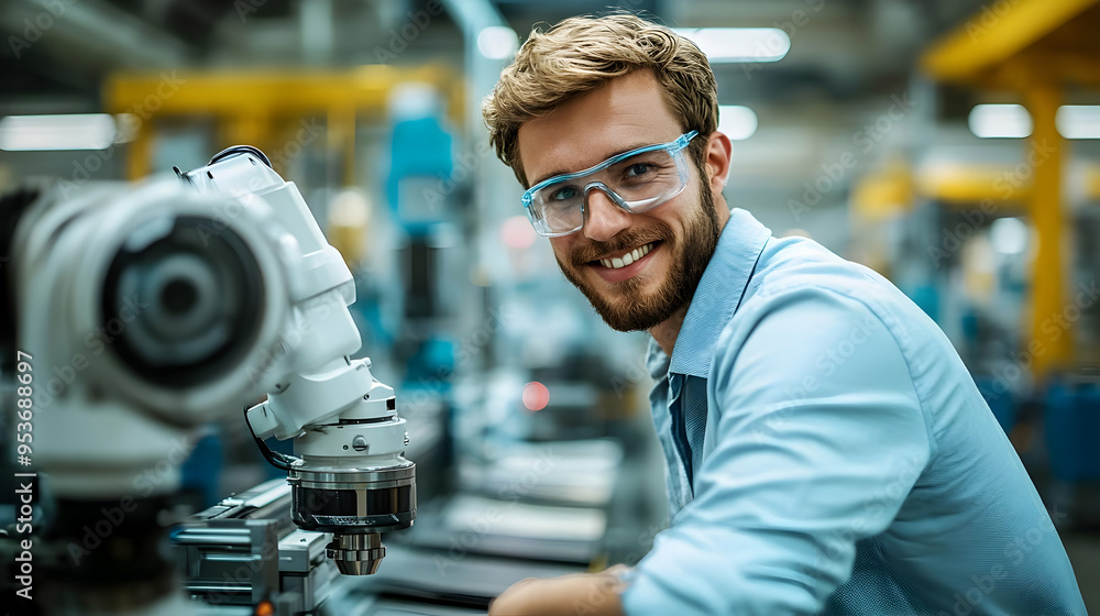 Poster a smiling engineer in a factory with a robot arm.