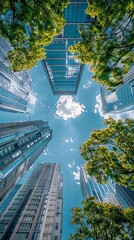 Asia Business concept for real estate and corporate construction - looking up view of panoramic modern city skyline with blue sky in tokyo