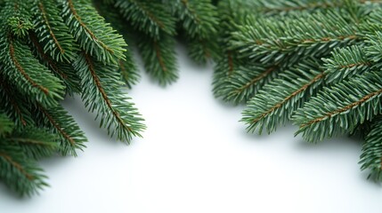 Obraz premium Spruce branches elegantly frame a serene white space, invoking winter's calm beauty