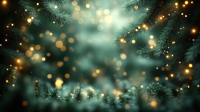 Twinkling lights softly glow among lush evergreen branches, creating a magical atmosphere