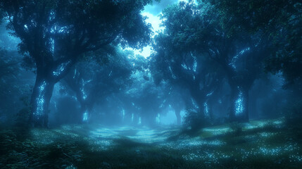 mystical forest where bioluminescent trees illuminate the night, creating a serene and peaceful atmosphere