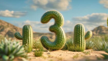 Shape number 3 made from cactus plant textured in desert background