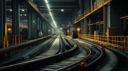 Fototapeta premium Industrial Railway Tracks in a Darkened Factory Setting