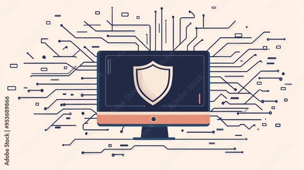 Aufkleber Computer monitor with a shield icon surrounded by abstract circuit lines symbolizing cyber protection. Representation of data safety.