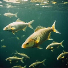 Naklejka premium Fish swim gracefully in sea pristine underwater scene illuminated by sunlight filtering through the ocean surface. The vibrant marine life thrives in clear blue waters. Generative AI