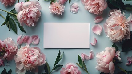 Blank wedding card mockup with pink peony flowers