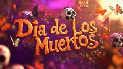 Vibrant Dia de los Muertos scene featuring colorful butterflies and decorated sugar skulls on a purple background, symbolizing Mexican traditions.