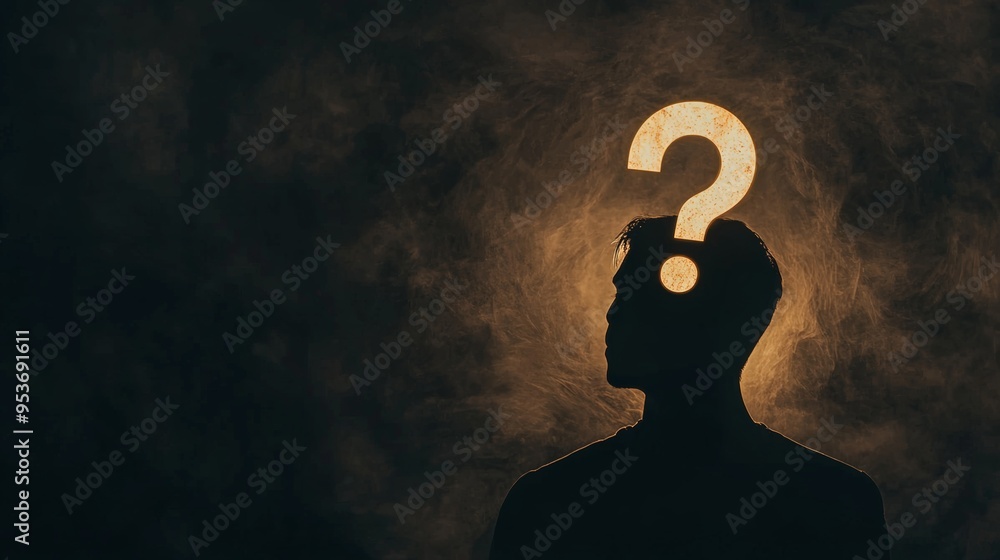 Poster digital question mark surrounded by technology icons on a dark background. concept of inquiry, techn