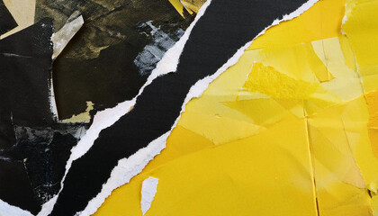 Vintage black and yellow collage background. Grunge art. Abstract textures and shapes.
