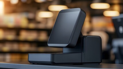 Modern point of sale terminal on a sleek counter in a vibrant retail environment, showcasing advanced technology and design.