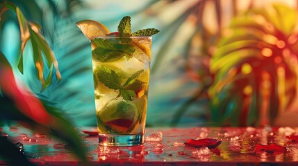 Classic rum mojito cocktail on colorful background