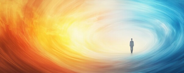 Person centered in a whirlwind of activity, their serene yet strong presence highlighting the art of balancing kindness with firm boundaries in challenging situations.