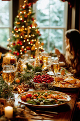 Fototapeta premium Christmas Day beautifully decorated Christmas tree and festive table holiday Family celebration