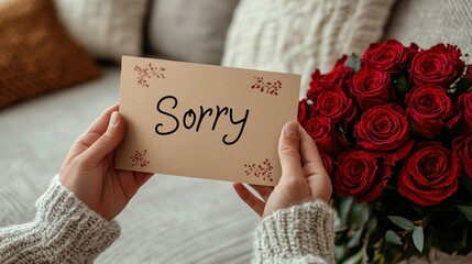 Someone expresses remorse with a handwritten note and beautiful red roses nearby