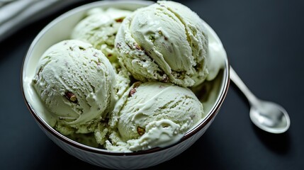 Enjoying creamy pistachio ice cream with crunchy pieces on a serene evening