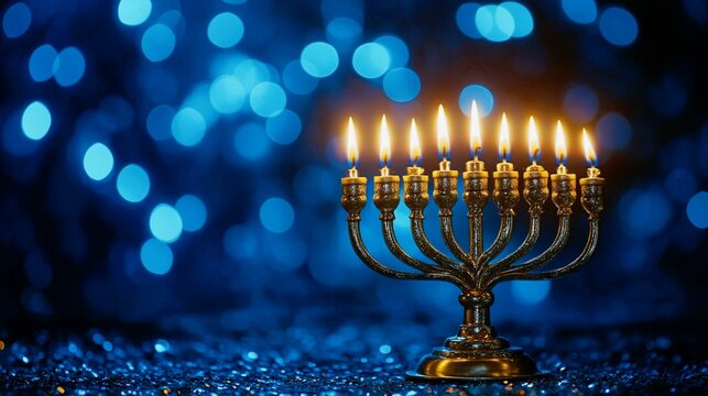 Hanukkah lit menorah with melted wax and glimmering flames, symbolizing hope and resilience