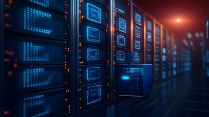 Futuristic data center interior with glowing servers and blue lights, showcasing cutting-edge technology and modern infrastructure.