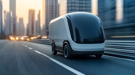 Futuristic delivery vehicle moving rapidly through a modern cityscape at twilight, showcasing innovation in transportation.