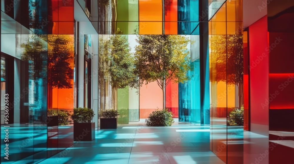 Poster Modern Architecture with Colorful Glass Panels and a Tree Reflection