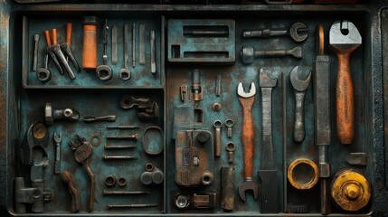 A Collection of Vintage Tools in a Rusted Toolbox