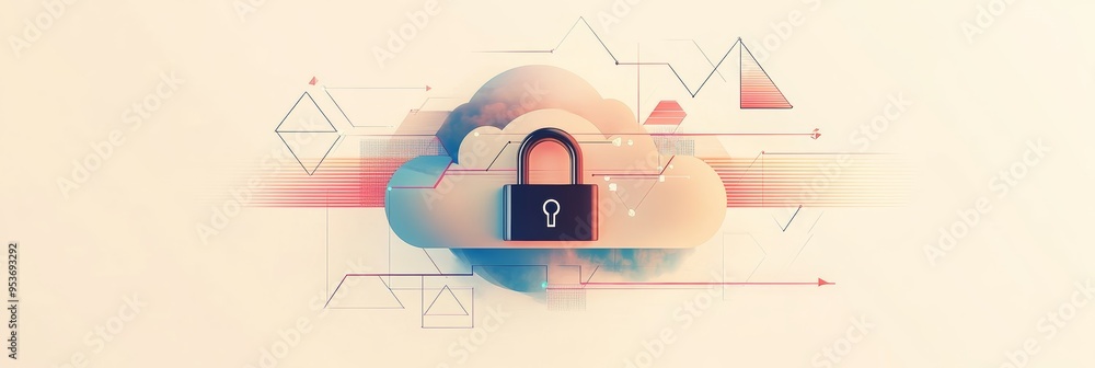 Aufkleber Minimalistic digital lock icon embedded in a cloud on an abstract background. Represents secure cloud technology and data security.