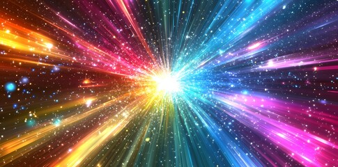 Naklejka premium Abstract colorful light beams radiating from a bright center, against a dark background with scattered stars.