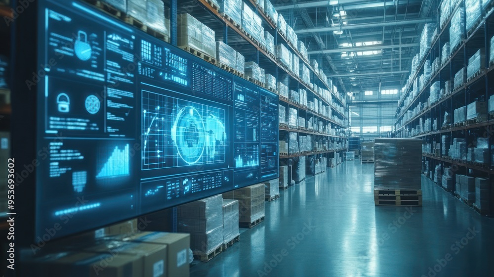 Poster Warehouse with Digital Display Showing Inventory Data and Global Supply Chain Network