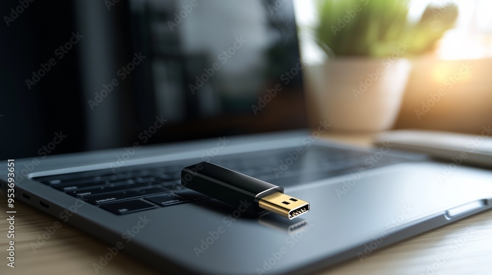 Poster Encrypted USB flash drive resting on a laptop keyboard in a modern office. Digital protection and secure data storage.