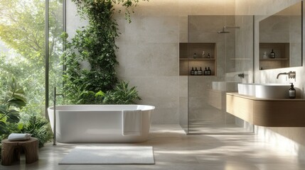 Modern Bathroom with a Large Window and Greenery
