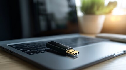 Encrypted USB flash drive resting on a laptop keyboard in a modern office. Digital protection and secure data storage.