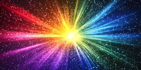 Fototapeta premium Abstract rainbow background with bright light emanating from center surrounded by glitter.