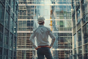 Business architect man wearing hardhat standing of a building project.
