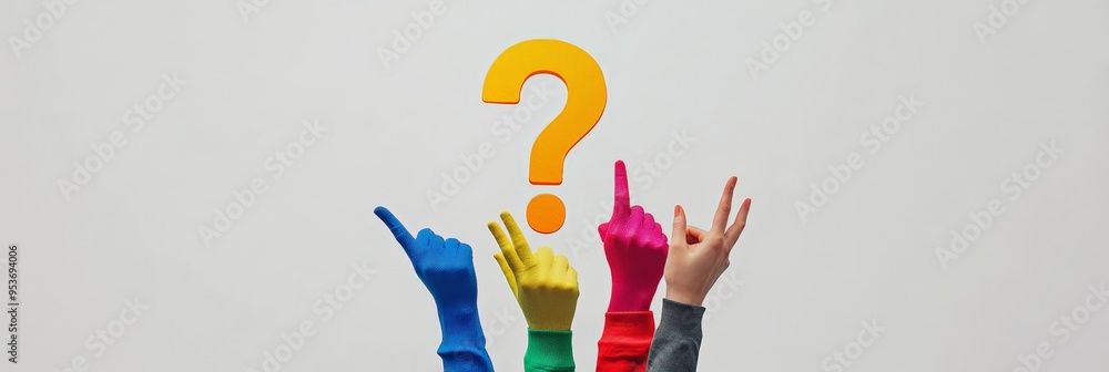 Poster colorful gloved hands pointing at a large yellow question mark on a white background. representation