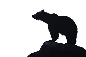 A silhouette of a bear standing on a rock against a bright background.