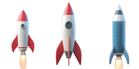 Three Cartoon Rockets in a Row Ready for Launch