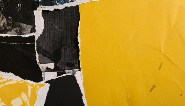 Vintage black and yellow collage background. Grunge art. Abstract textures and shapes.